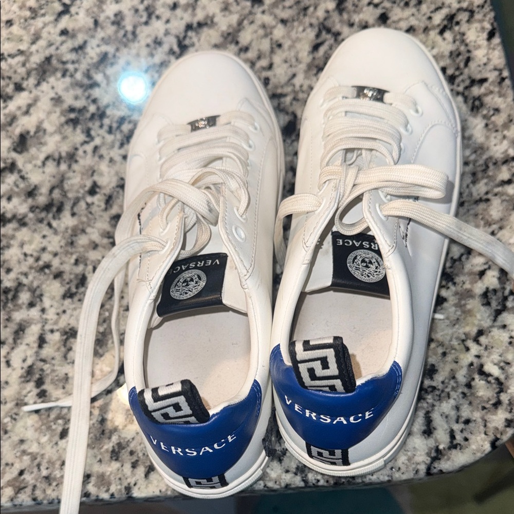 Versace White Leather Sneakers with Blue Heel Panels